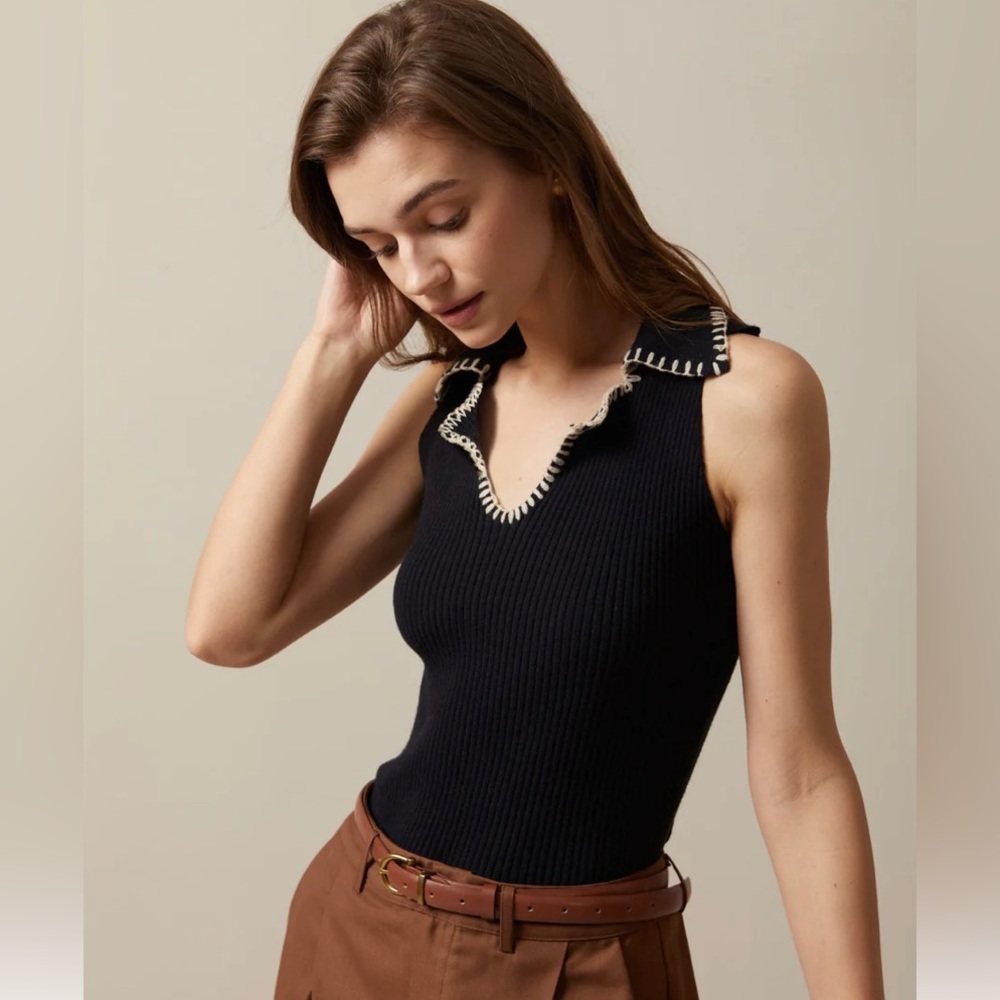 RIHOAS Black V Neck Seam Colorblock Ribbed Tank Top